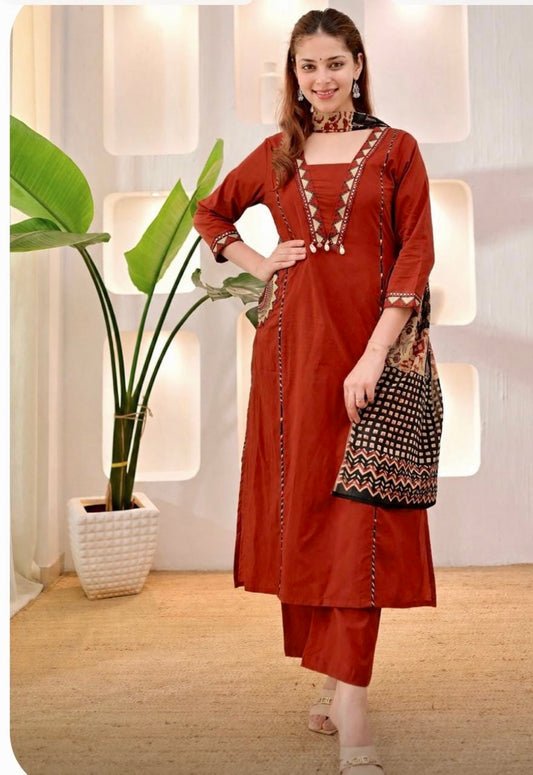 Women’s Rust Red & Mustard Yellow Cotton Kurti Set with Palazzo & Printed Dupatta | Ethnic Indian Wear