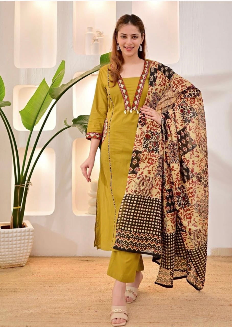 Women’s Rust Red & Mustard Yellow Cotton Kurti Set with Palazzo & Printed Dupatta | Ethnic Indian Wear