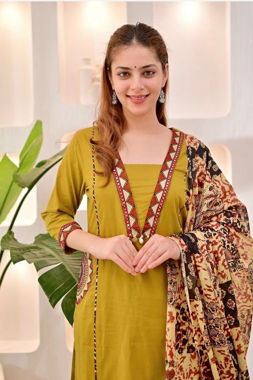 Women’s Rust Red & Mustard Yellow Cotton Kurti Set with Palazzo & Printed Dupatta | Ethnic Indian Wear