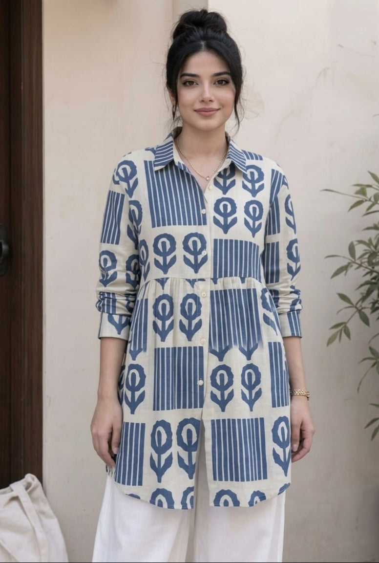 Women’s Blue & White Printed Cotton Kurti with White Pants | Stylish Ethnic Co-ord Set