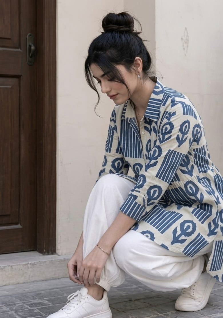 Women’s Blue & White Printed Cotton Kurti with White Pants | Stylish Ethnic Co-ord Set
