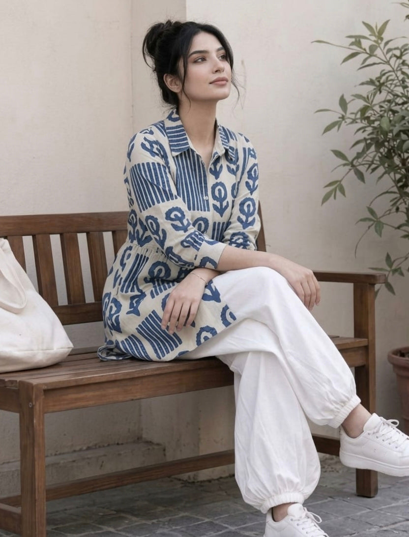 Women’s Blue & White Printed Cotton Kurti with White Pants | Stylish Ethnic Co-ord Set