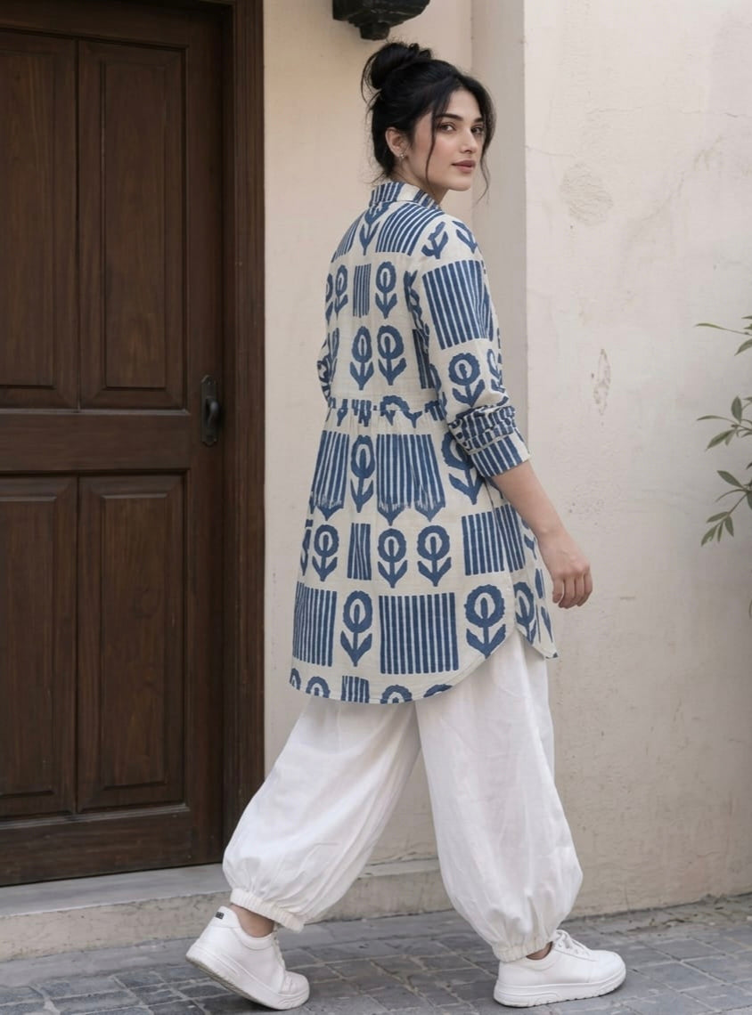 Women’s Blue & White Printed Cotton Kurti with White Pants | Stylish Ethnic Co-ord Set
