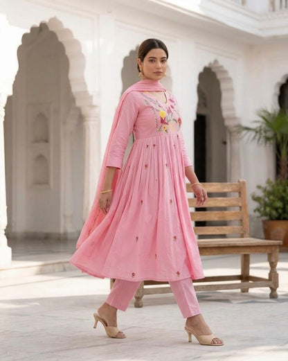 Pink & Lavender Embroidered A-Line Anarkali Kurta Dupatta Set