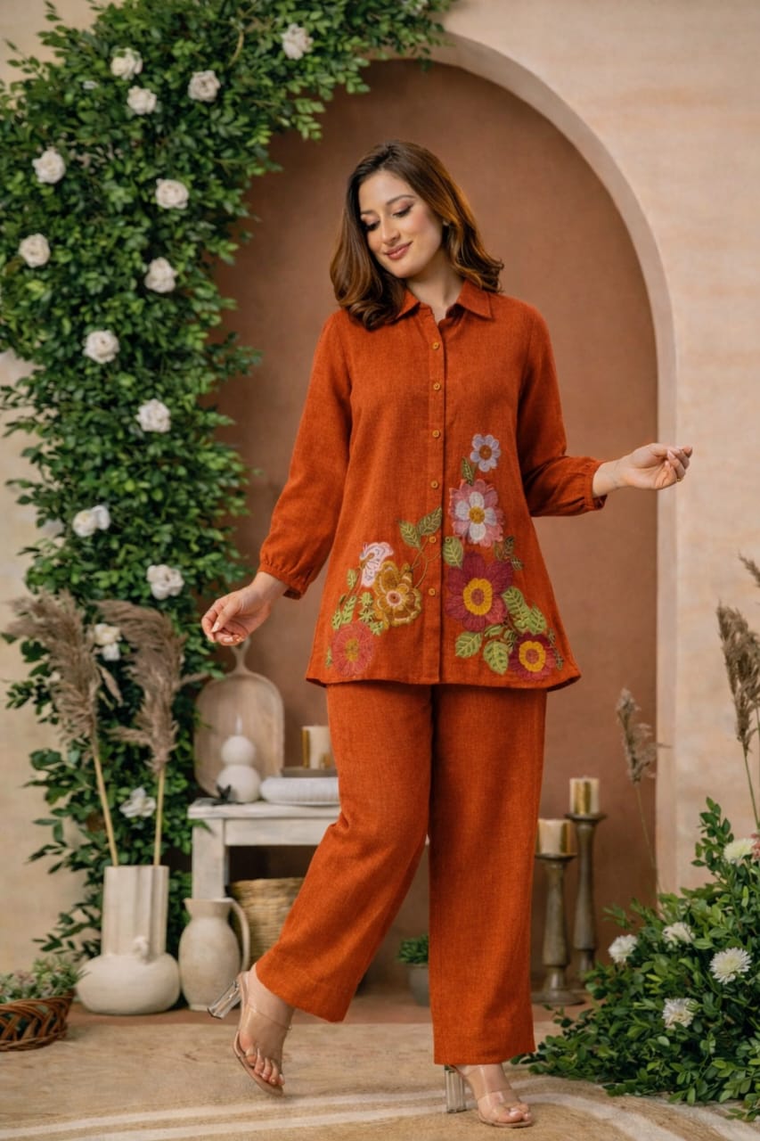 Rust Orange & Beige Floral Embroidered Cotton Co-Ord Set for Women | Premium Casual & Ethnic Wear