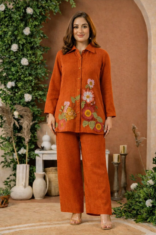Rust Orange & Beige Floral Embroidered Cotton Co-Ord Set for Women | Premium Casual & Ethnic Wear