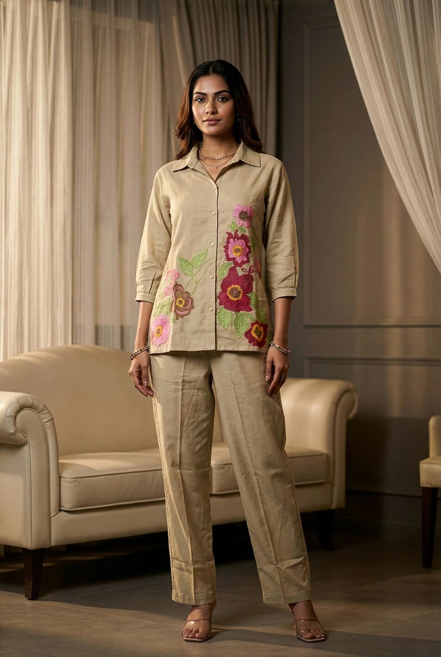 Rust Orange & Beige Floral Embroidered Cotton Co-Ord Set for Women | Premium Casual & Ethnic Wear