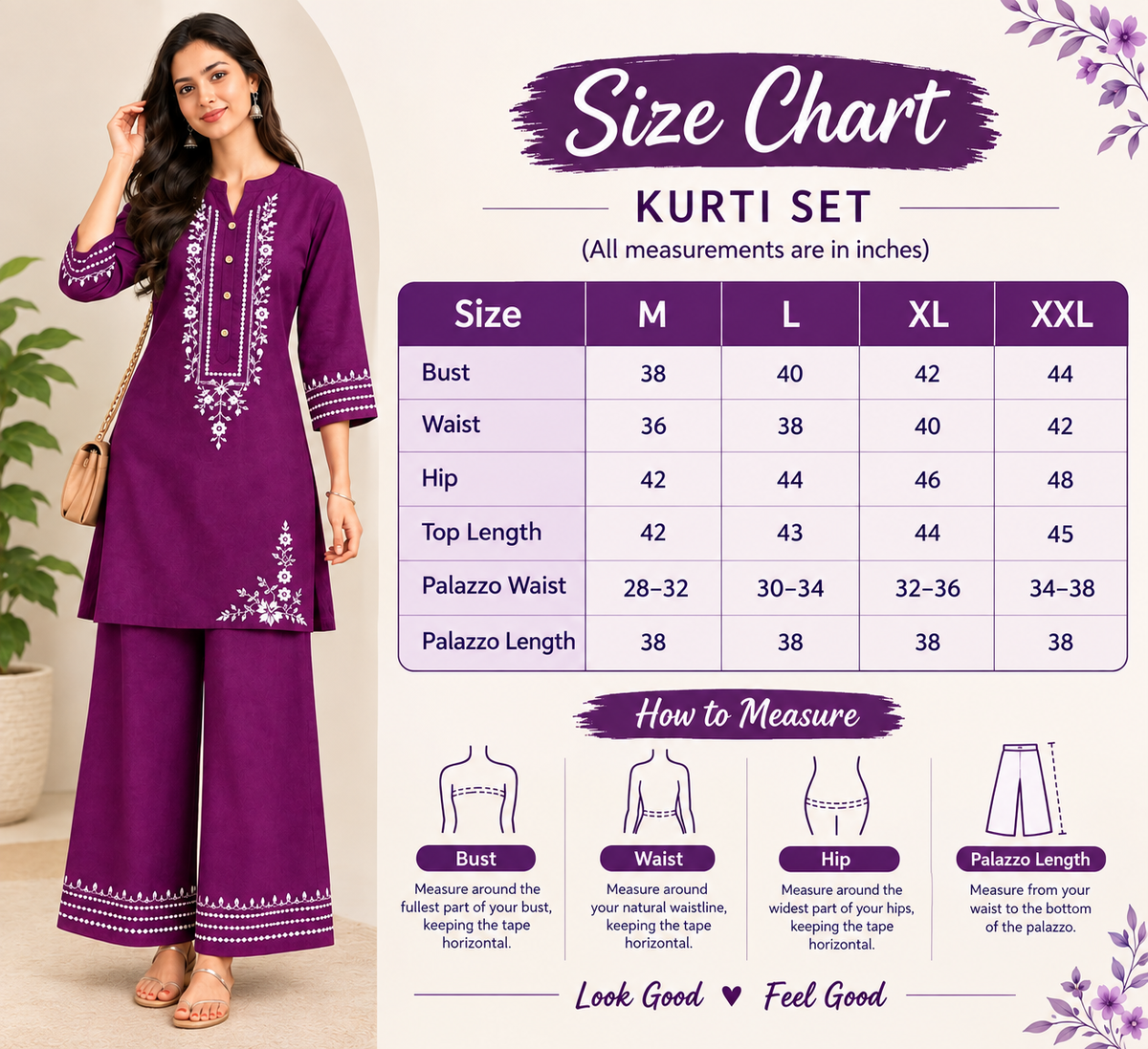 Women’s Purple & Pink Embroidered Kurta Palazzo Co-Ord Set | Floral Embroidery Ethnic Wear