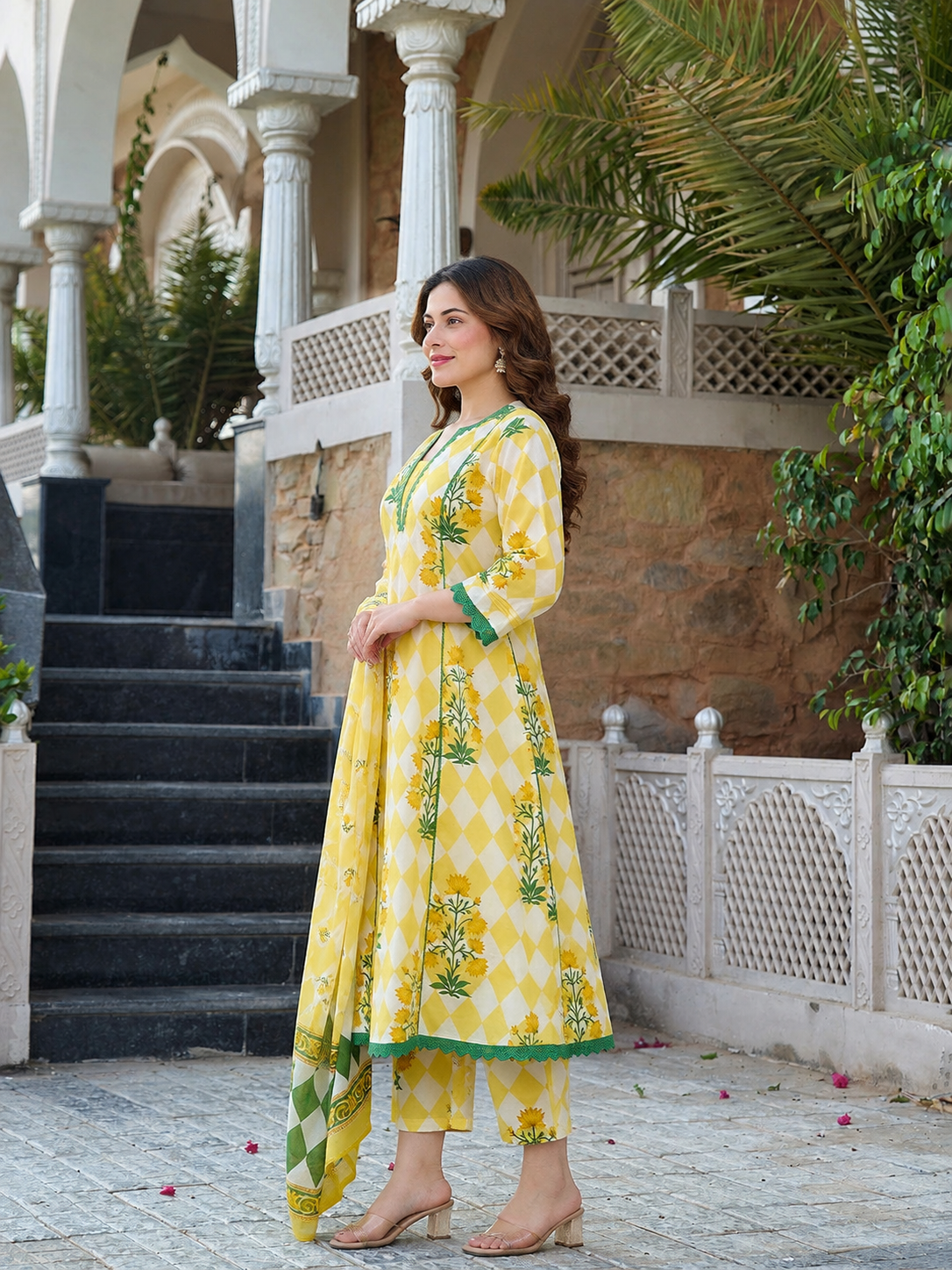 Floral Yellow Printed Anarkali Suit Set with Dupatta