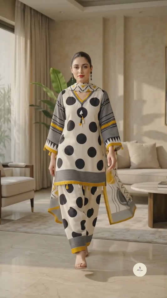 White & Black Polka Dot Kurta Set with Dupatta