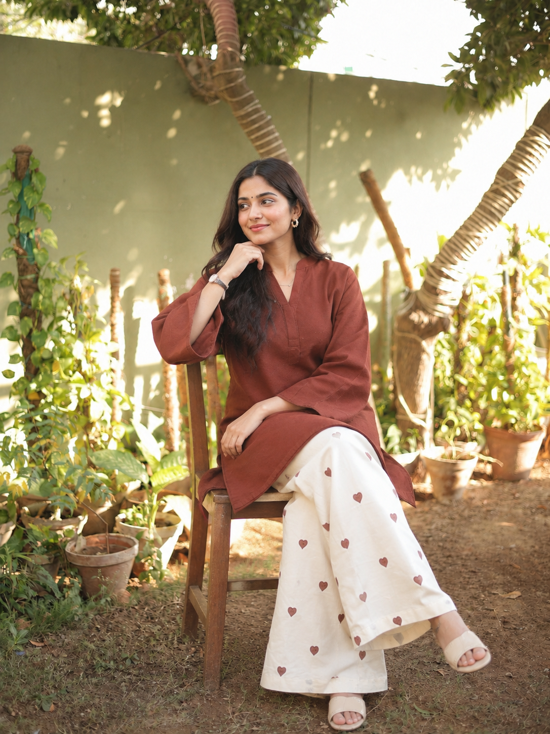 Women’s Brown & Bottle Green Cotton Co-Ord Set with Heart Print Palazzo – Stylish Flared Sleeve Kurta Set