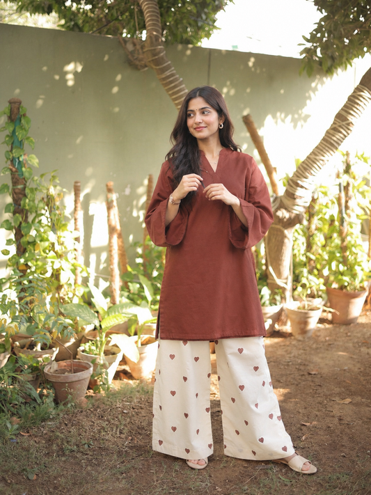Women’s Brown & Bottle Green Cotton Co-Ord Set with Heart Print Palazzo – Stylish Flared Sleeve Kurta Set