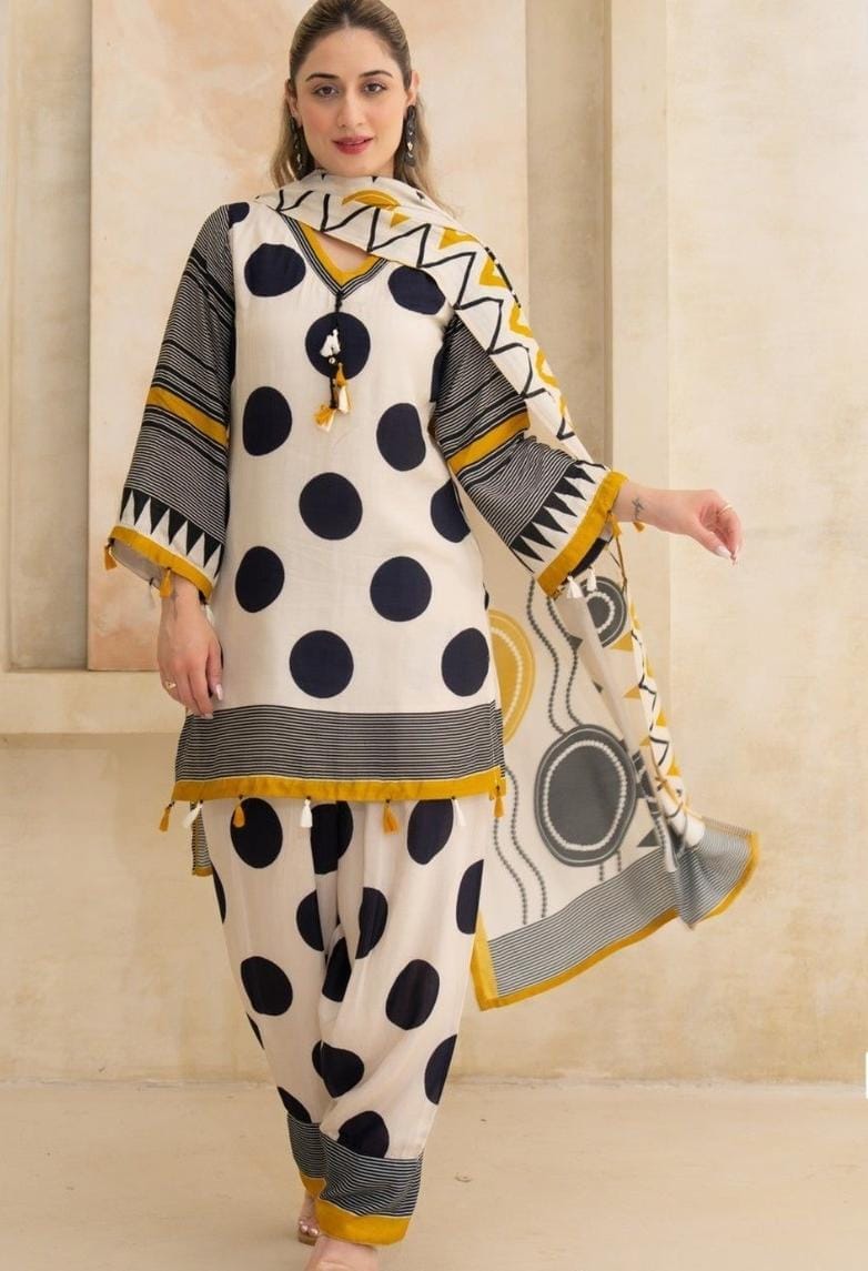 Women’s White & Black Polka Dot Kurta Set with Dupatta | Attire Vogue