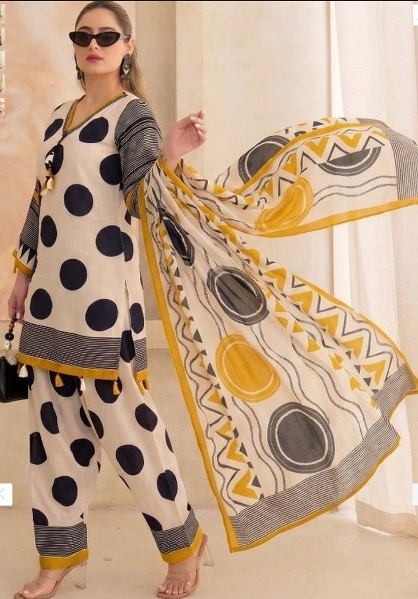 Women’s White & Black Polka Dot Kurta Set with Dupatta | Attire Vogue