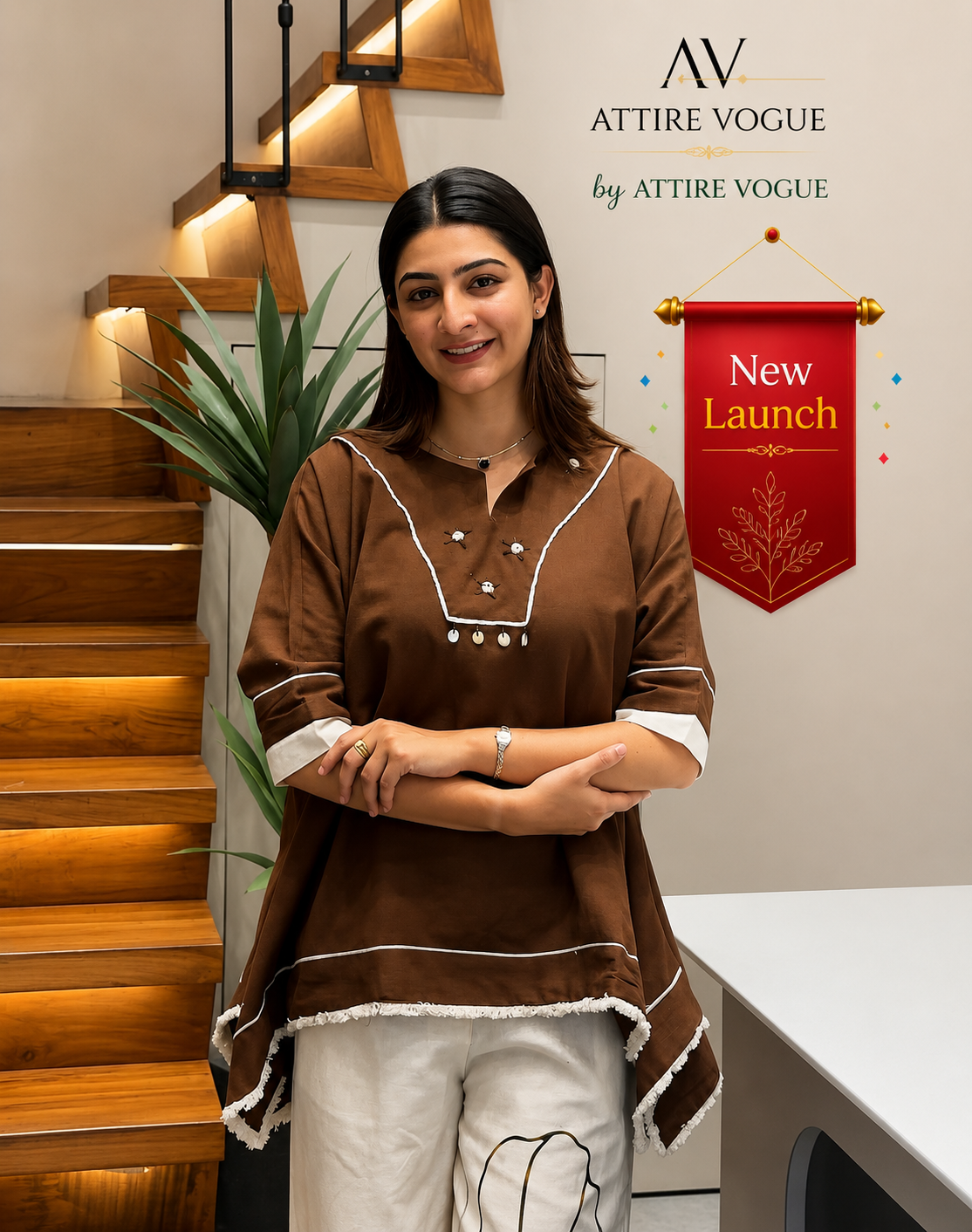 Brown Co-Ord Set for Women – Stylish Tunic Top with Printed Palazzo Pants | Casual & Party Wear
