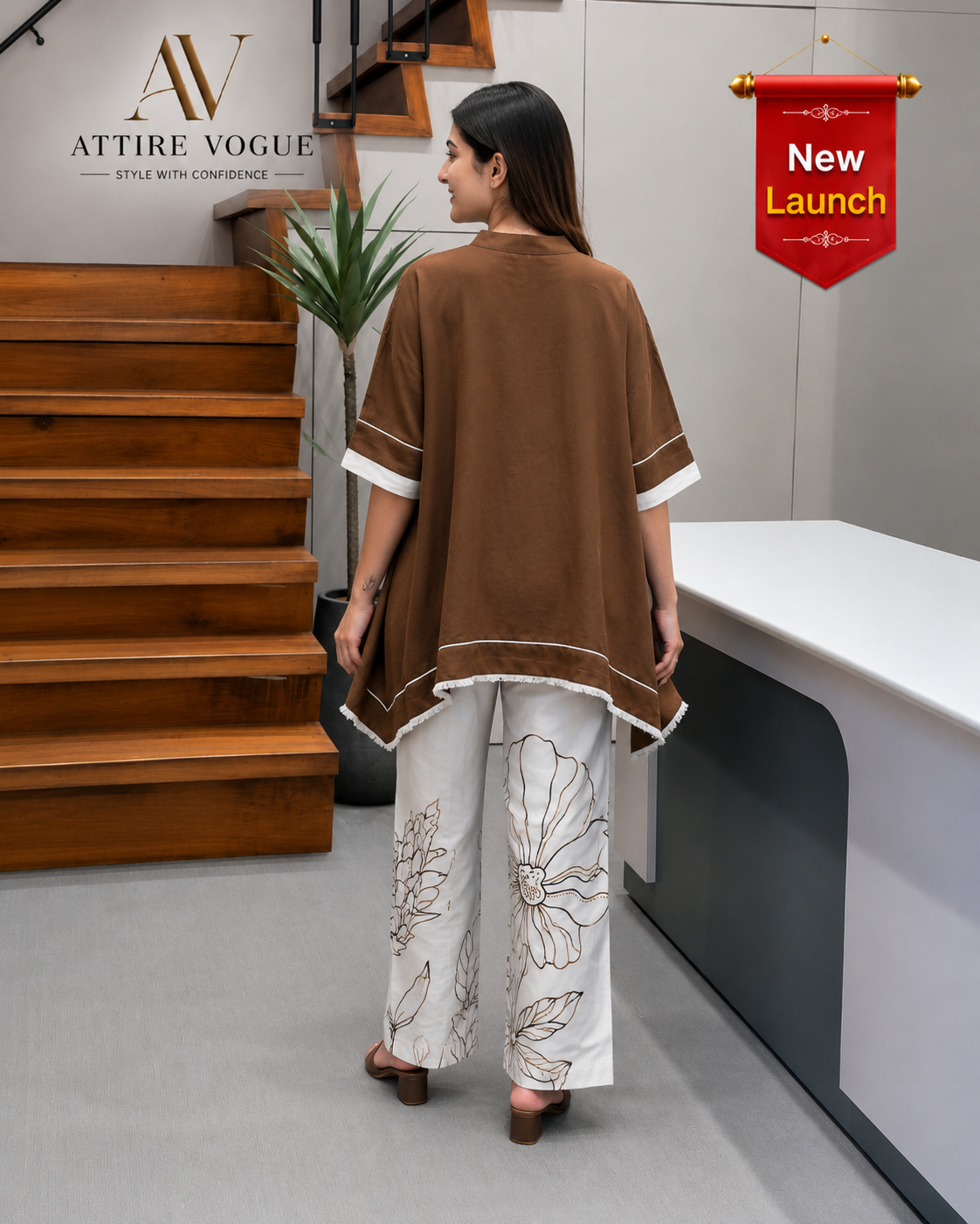 Brown Co-Ord Set for Women – Stylish Tunic Top with Printed Palazzo Pants | Casual & Party Wear