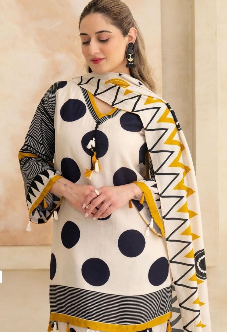Women’s White & Black Polka Dot Kurta Set with Dupatta | Attire Vogue