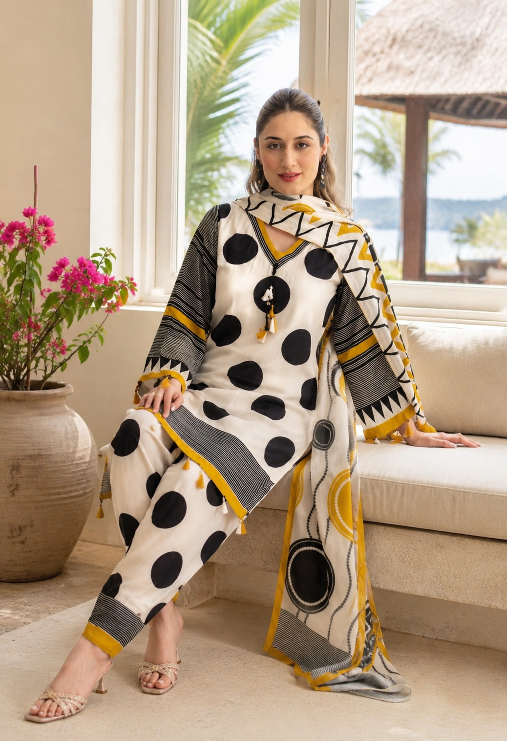 Women’s White & Black Polka Dot Kurta Set with Dupatta | Attire Vogue
