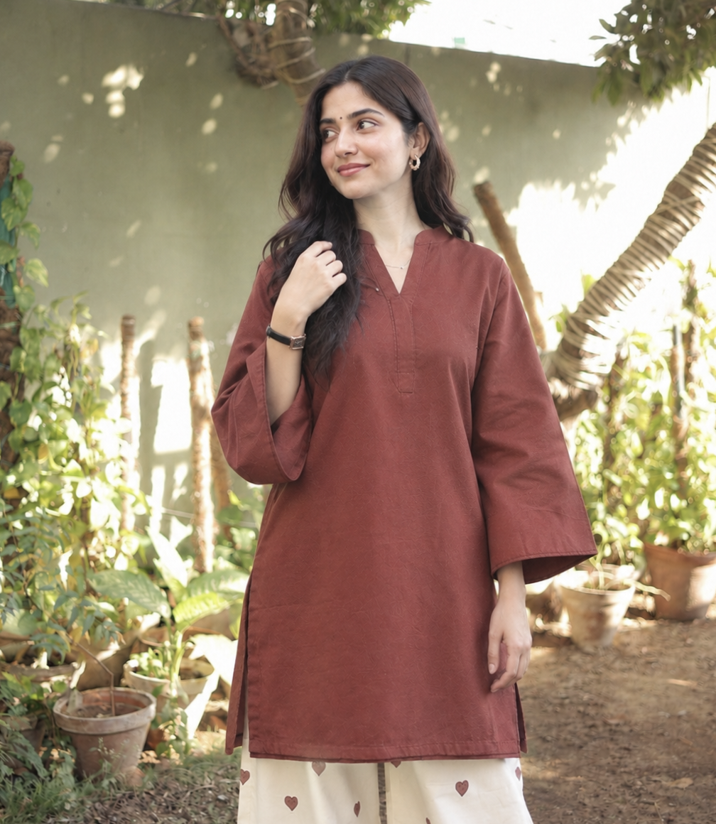 Women’s Brown & Bottle Green Cotton Co-Ord Set with Heart Print Palazzo – Stylish Flared Sleeve Kurta Set