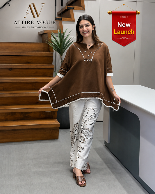Brown Co-Ord Set for Women – Stylish Tunic Top with Printed Palazzo Pants | Casual & Party Wear