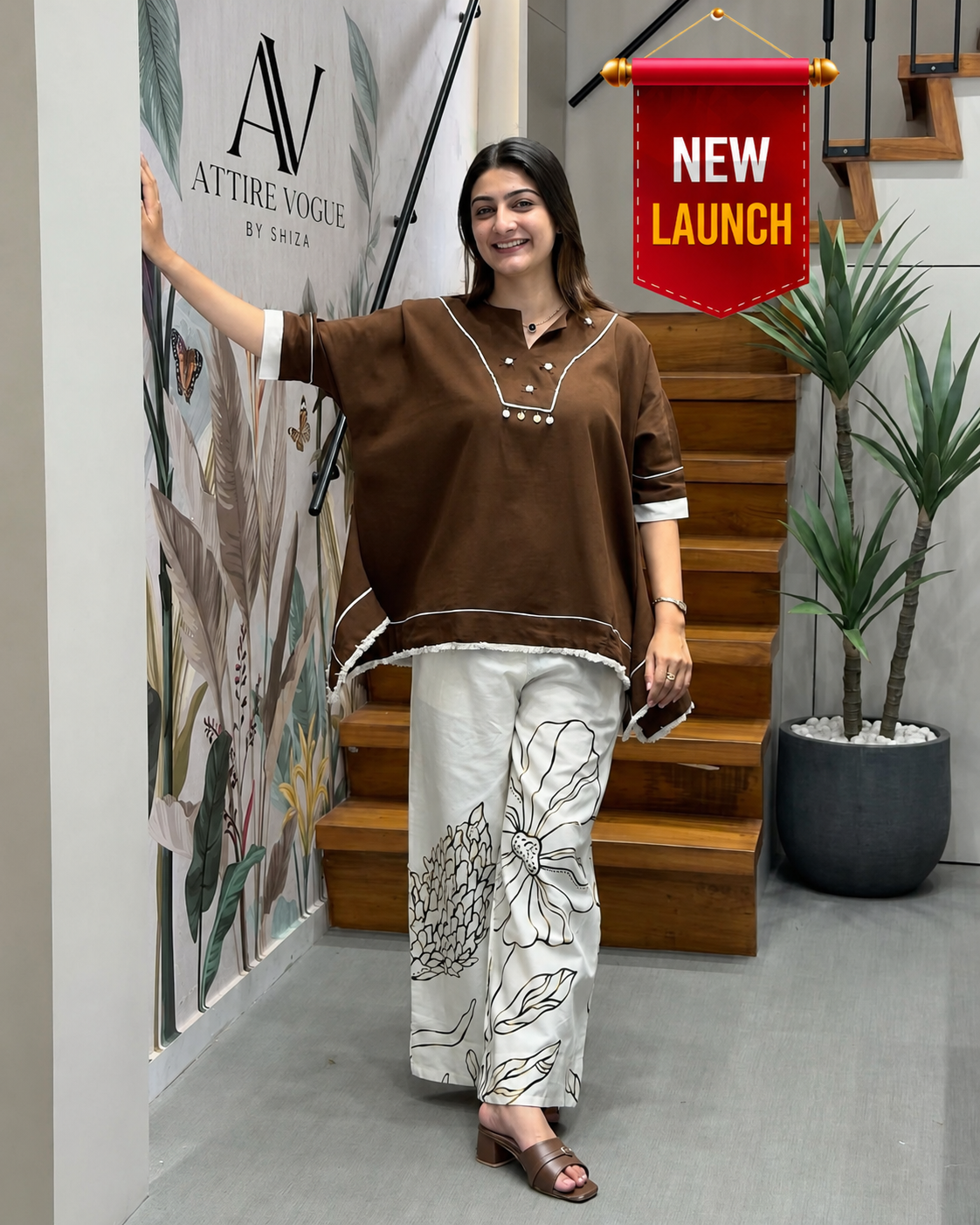 Brown Co-Ord Set for Women – Stylish Tunic Top with Printed Palazzo Pants | Casual & Party Wear